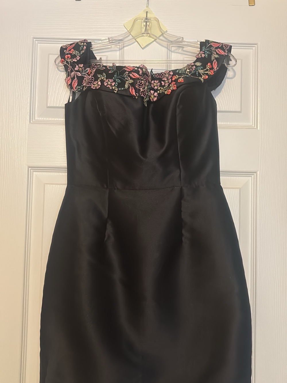 Jovani Black Satin Dress with Floral Embroidered Yoke